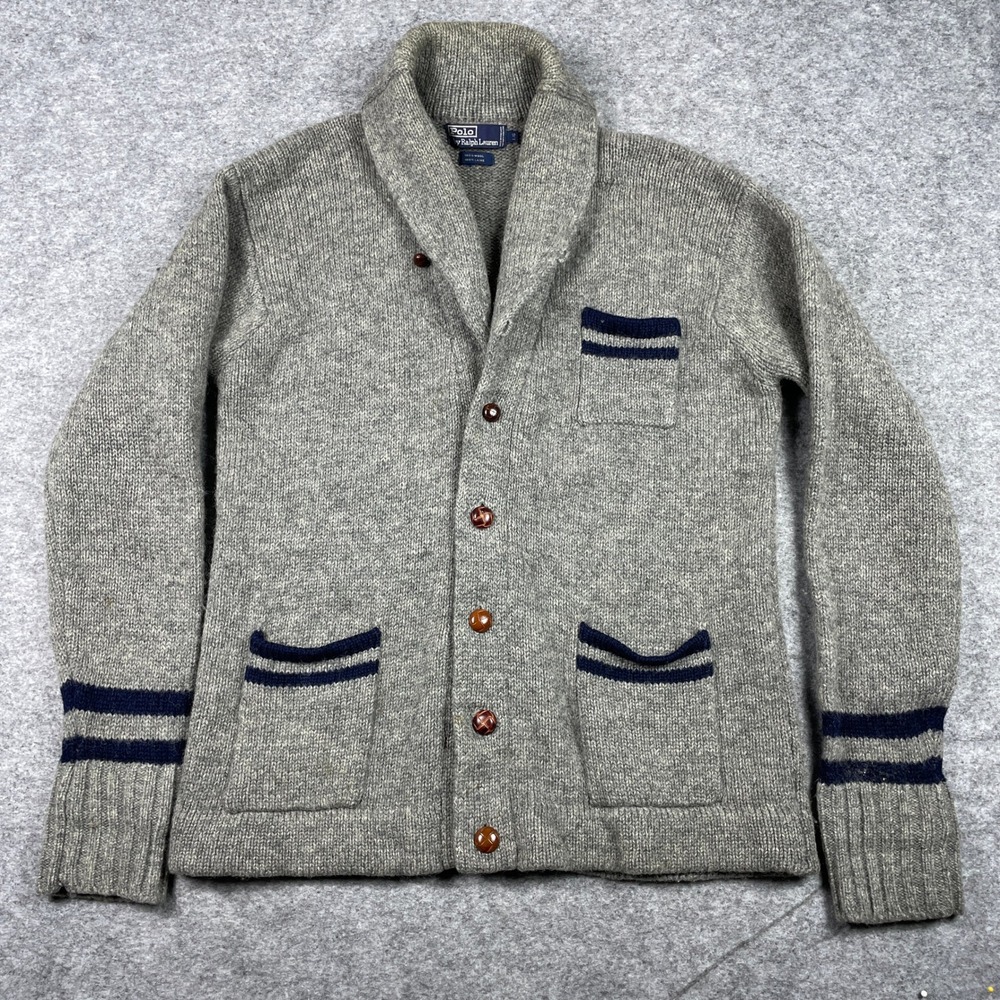 Vintage Polo Ralph Lauren Cardigan Sweater Mens L Gray Wool Shawl Collar Knit
